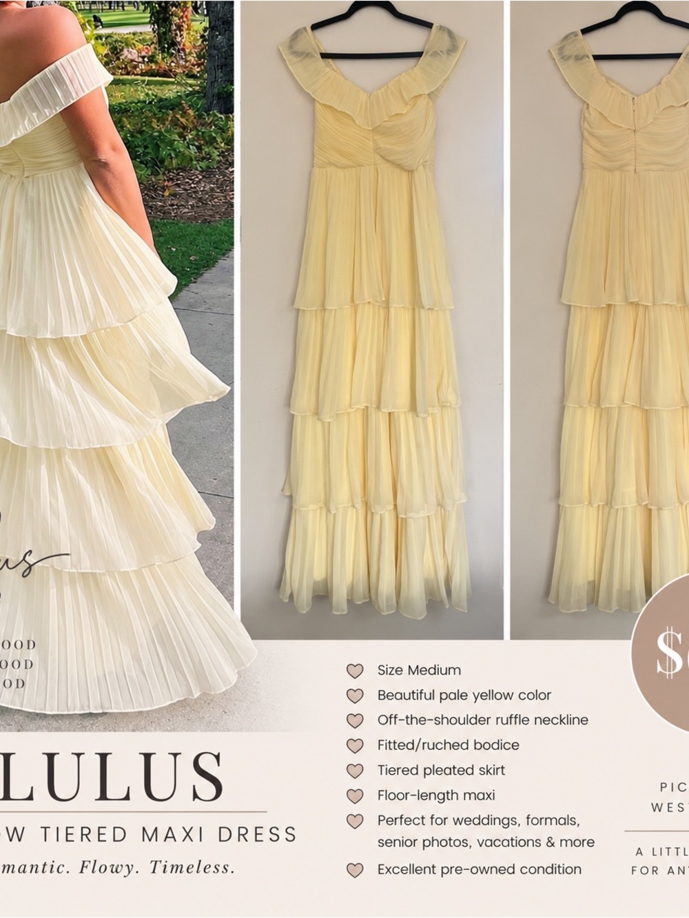 Lulus Yellow Tiered Ruffle Maxi Dress – Size Medium